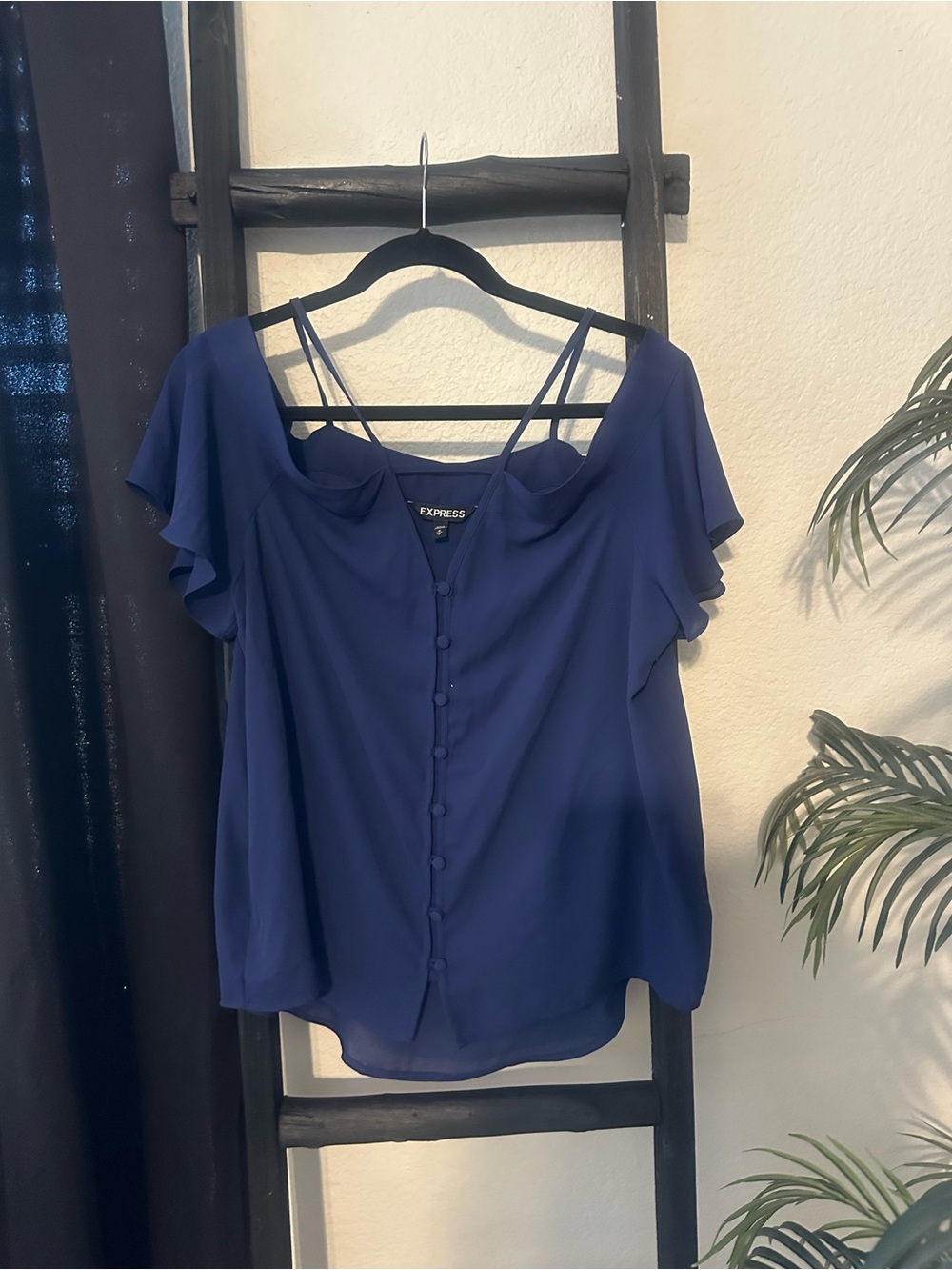 Express Navy Strappy Flutter Sleeve Button-Front Blouse